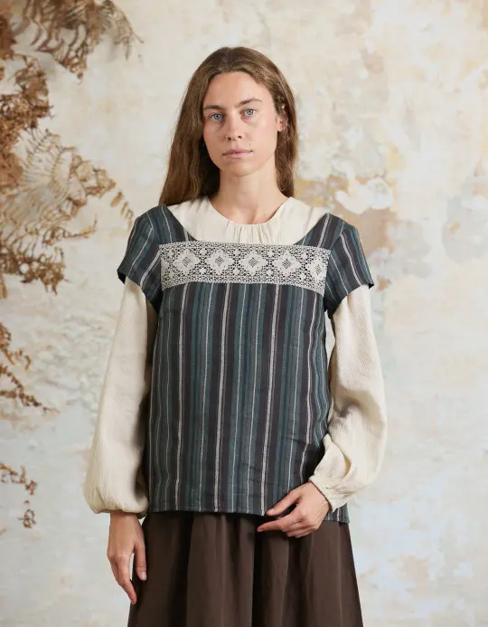 Haut 'Vanda' en lin rayé marron et vert
