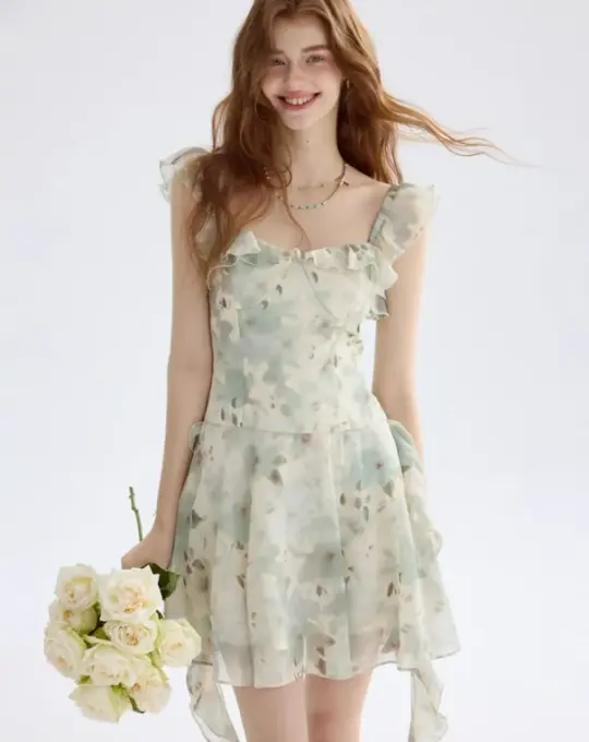 Light Green Floral Print Ruffle Mini Dress Women With Square Neck And Asymmetric Hem R9490