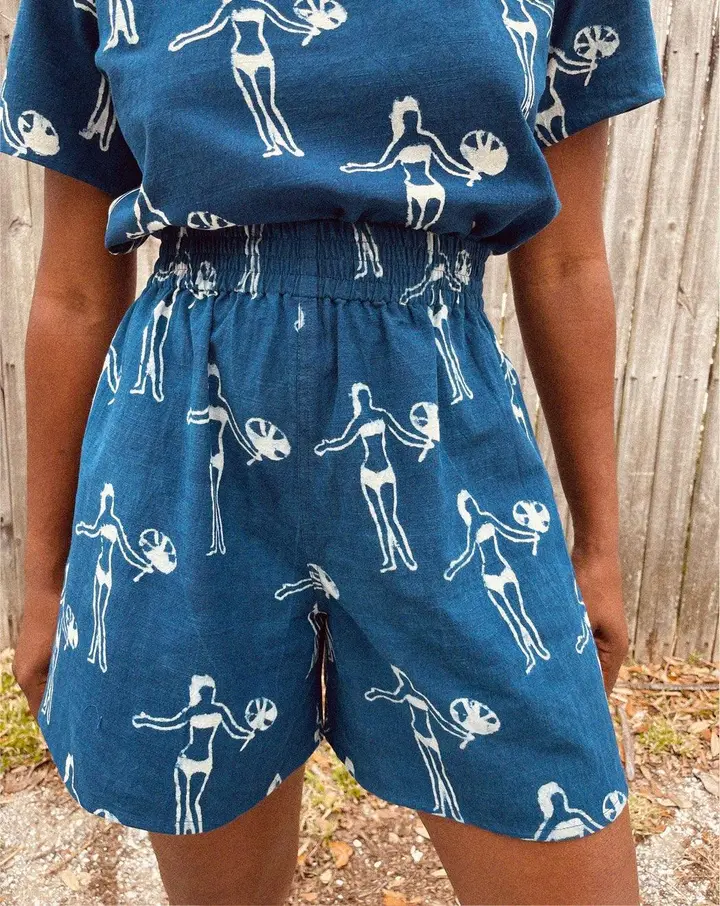 High Waist Beach Shorts in Indigo Villa Romana Block Print