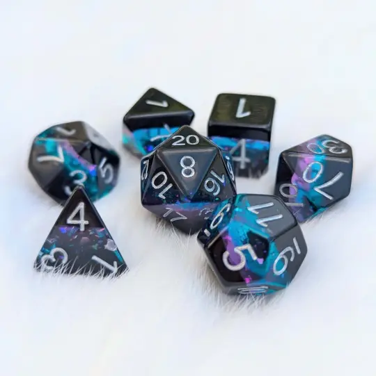 Midnight Nebula Dice Set – 7-Piece Black Blue Purple Glitter Round-Edge DnD