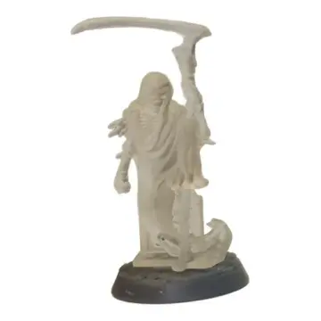 Unpainted 32mm clear resin 3D-printed hooded skeletal wraith with a great scythe rising from a tomb, tabletop wargame and RPG miniature for D&D, Pathfinder and rank and flank armies