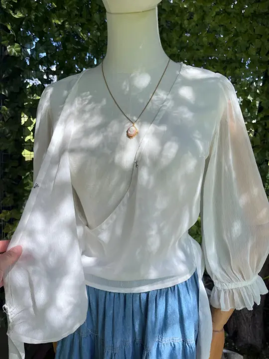 Sheer Ivory Wrap Blouse • Romantic Puff Sleeve Tie Top