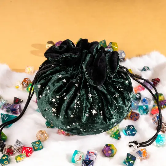 Starry Forest Green Dice Bag – Multi-Pocket Velvet Pouch with Moon Charms