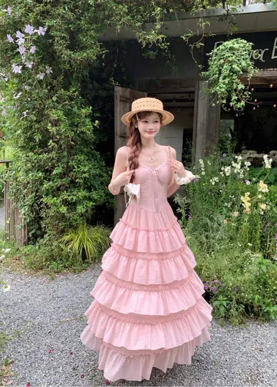 Pink long waist A-line suspender dress for women summer French temperament skirt R4862