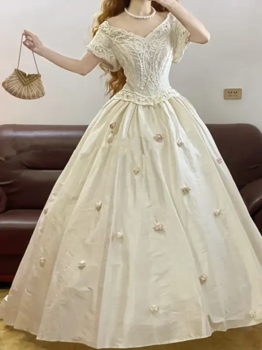 Ivory White V-Neck Waist-Cinched Puffy-Hem Ball Gown, Bridal Gown R7329