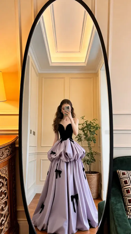 Black strapless fitted bodice with a long purple tulip skirt for a ball gown R8833