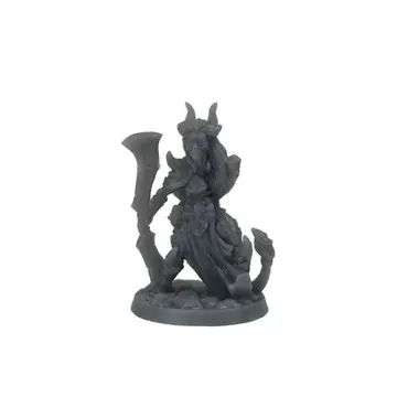 Unpainted 32mm 3D-printed horned tiefling fighter spinning a double-bladed sword with her tail counterweighting the turn — tabletop RPG miniature for D&D, Pathfinder & wargaming