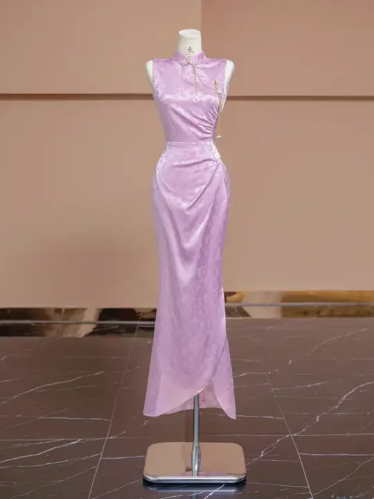 Light purple Chinese cheongsam, fitted waist, elegant ball gown/bridal dress R8300