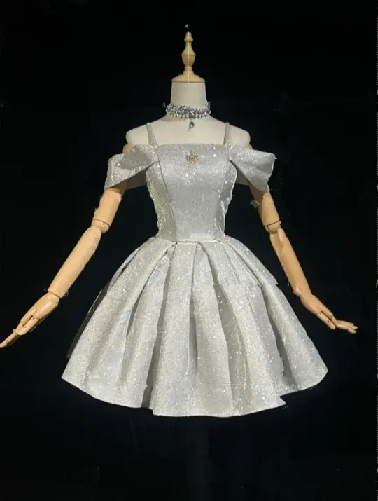 Silver sequined strapless one-shoulder slim waist A-line short dress for homecoming R4878