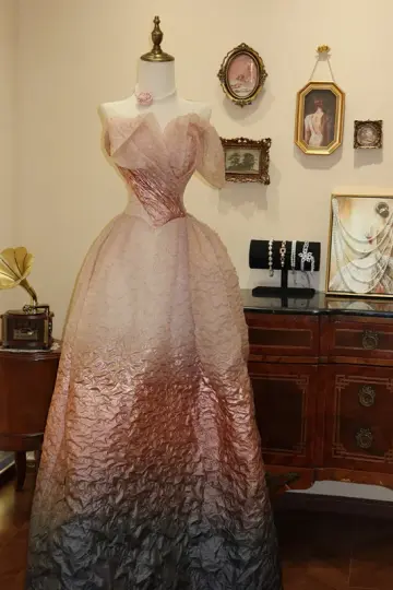 Light pink strapless, fitted waist, gradient skirt, long ball gown, bridal dress R7180