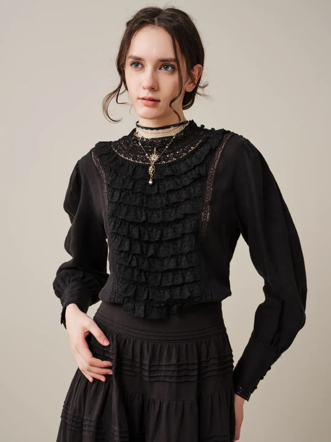 Stella 06 | Ruffled High-Neck Linen Blouse