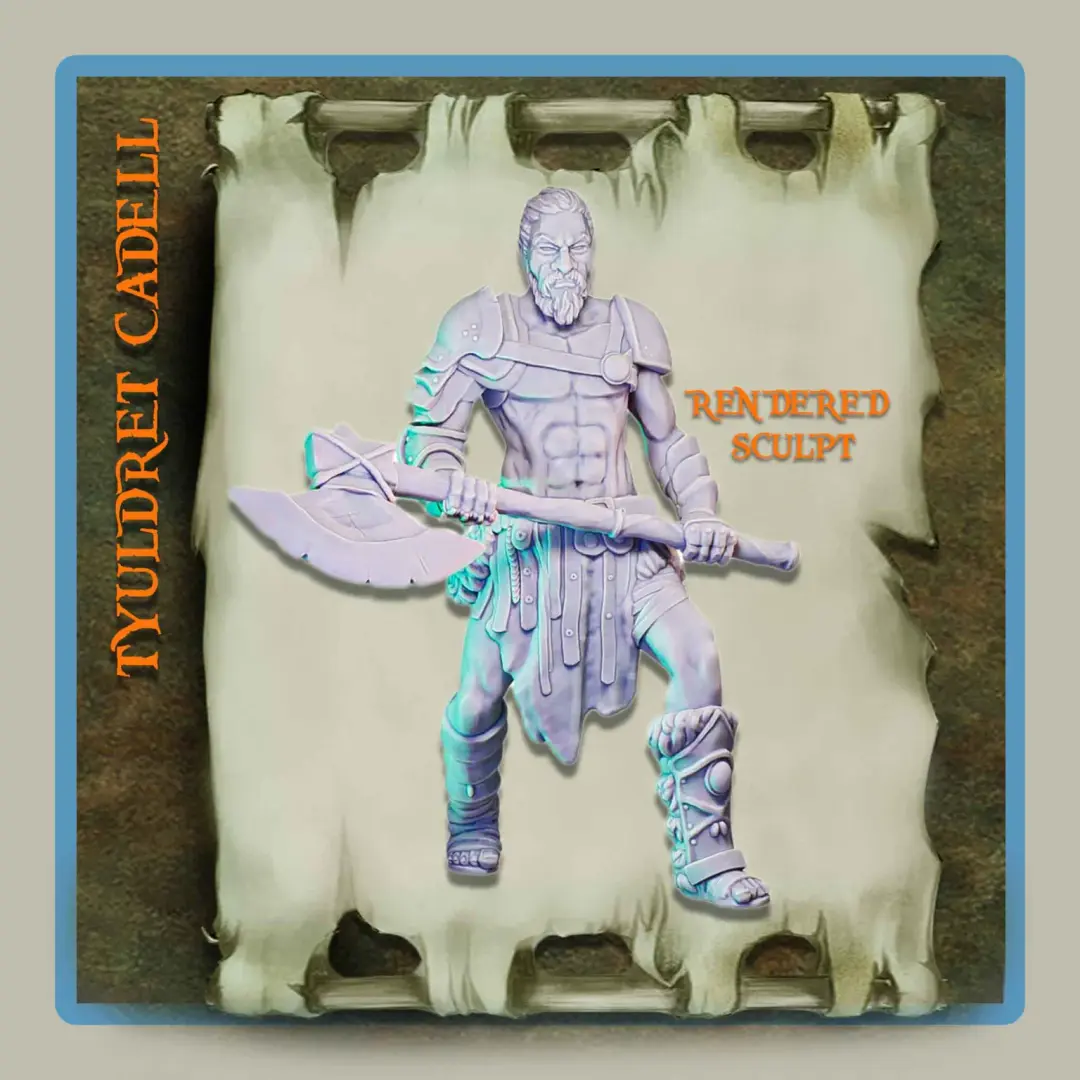 render of 28mm miniature barbarian Tyuldret Cadell