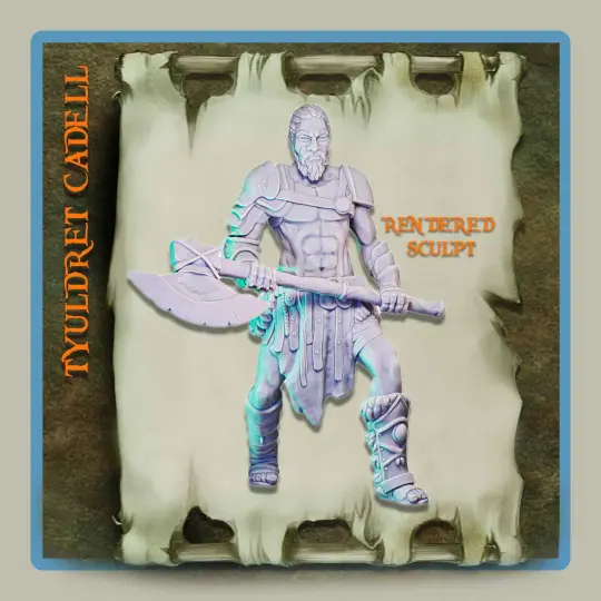 render of 28mm miniature barbarian Tyuldret Cadell
