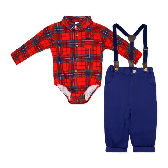 Little Gent Toddler Boys 4 Piece Red Plaid Suspender and Bowtie Set, 24M