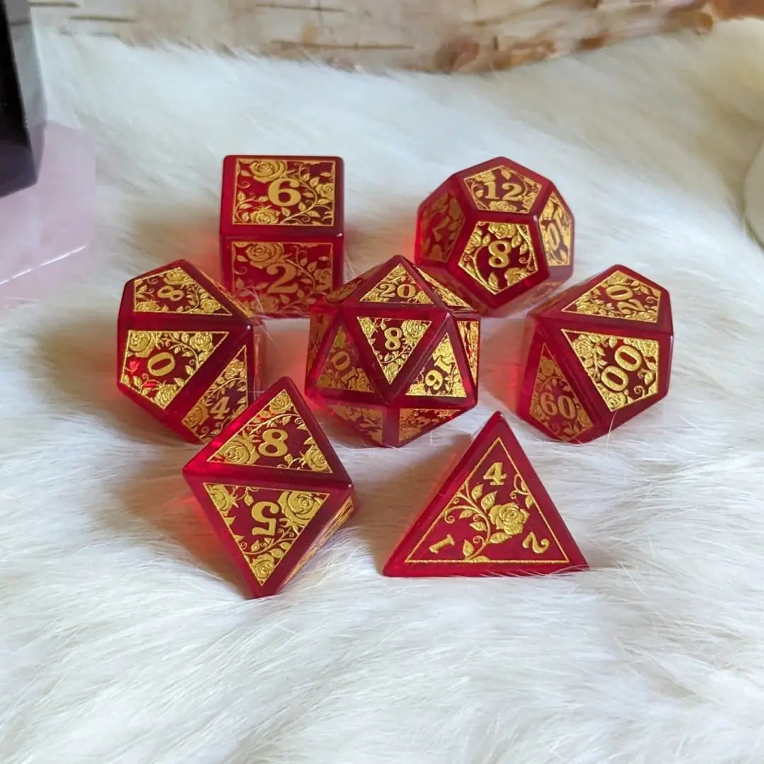 Rose Red Glass Dice Set – Engraved Gemstone DnD Dice with Gold Font | Fennek & Finch