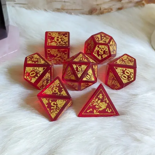 Rose Red Glass Dice Set – Engraved Gemstone DnD Dice with Gold Font | Fennek & Finch