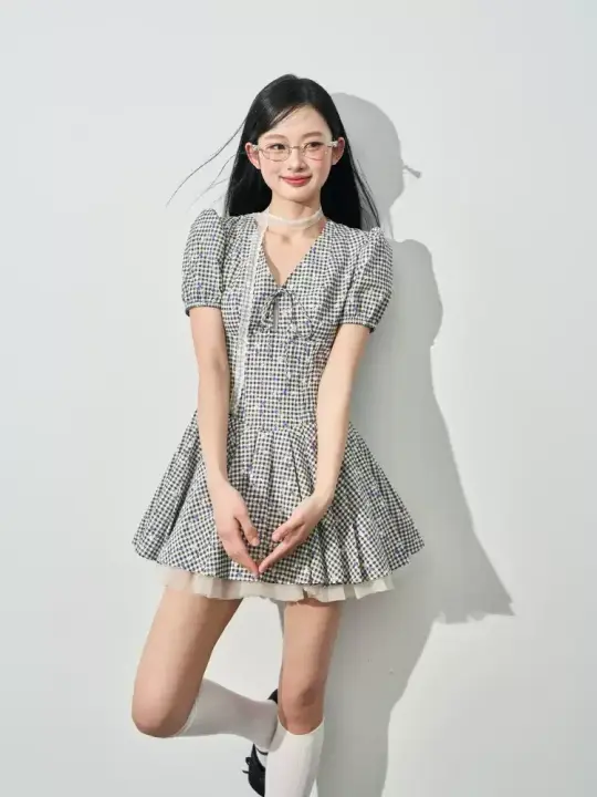 Gingham Plaid Mini Dress Women With V Neck Bow Detail And Tulle Underskirt R9398