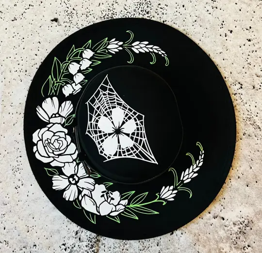 Floral Crescent Moon Vegan Felt Flat Top XL Hat