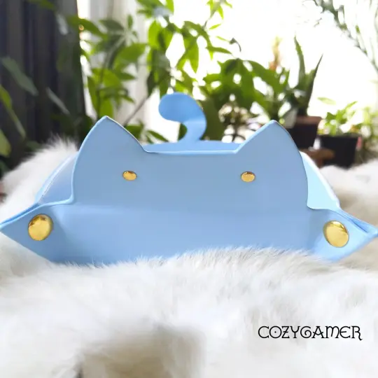 Cat Dice Tray in Light Blue | Foldable PU Leather Rolling Tray for DnD