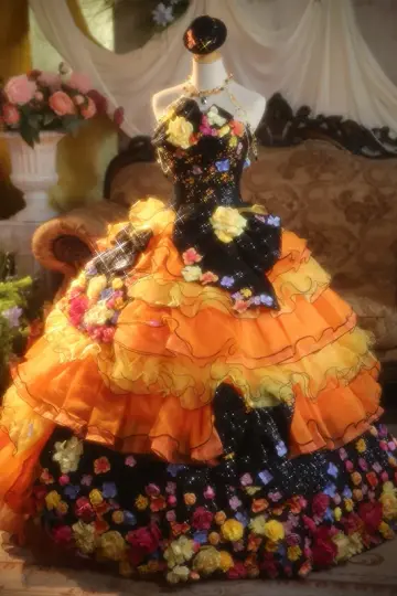 Orange Strapless Waist-Cinched 3D Floral Puff-Skirt Long Ball Gown & Bridal Gown R7369