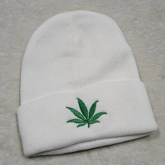 Unisex White Beanie with Green Embroidered Weed Leaf