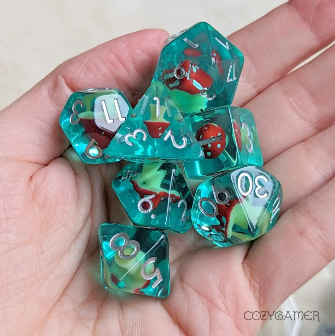 Mushroom Tea Dice Set – 7-Piece Clear Tiny Blue Amanita Resin DnD Dice
