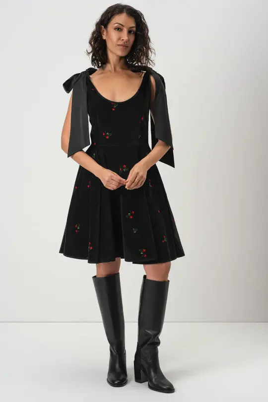 Velvet A-Line Dress with Tie Straps | Berry Swing