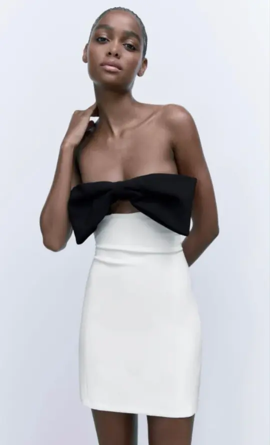 Black bow neckline white hip sexy short skirt homecoming dress R3810