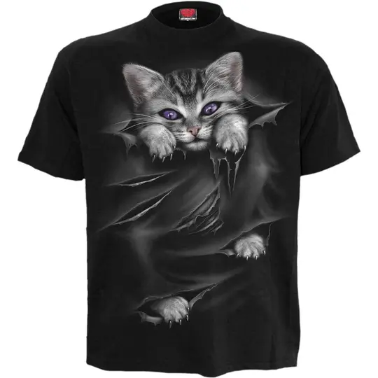BRIGHT EYES Front Print T-Shirt Black - Gothic Cat T-Shirt