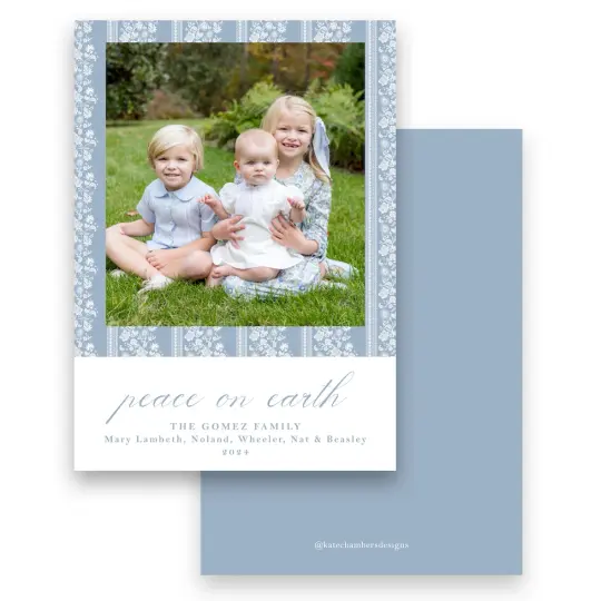 Blue Botanical Floral "Peace on Earth" Portrait Holiday Card