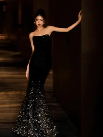 Mermaid Sequins Tulle Corset Prom Gown ,Sparkly Black Maxi Evening Dress RS1938
