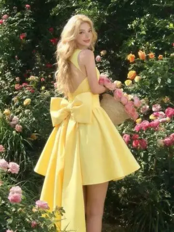 Silky Satin Sweet Bow Women's Homecoming Dress Yellow Corset Short Prom Dress Party Dress RS2791