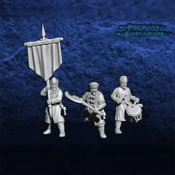 Unpainted 28mm 3D-printed Muscovite command group with banner and drum, 3 miniatures — tabletop miniatures for historical wargaming, D&D & Pathfinder