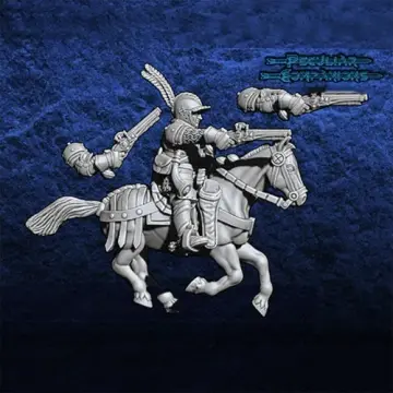 Unpainted 28mm 3D-printed reiter pistoleers in blackened armor, 5 cavalry miniatures — tabletop miniatures for historical wargaming, D&D & Pathfinder