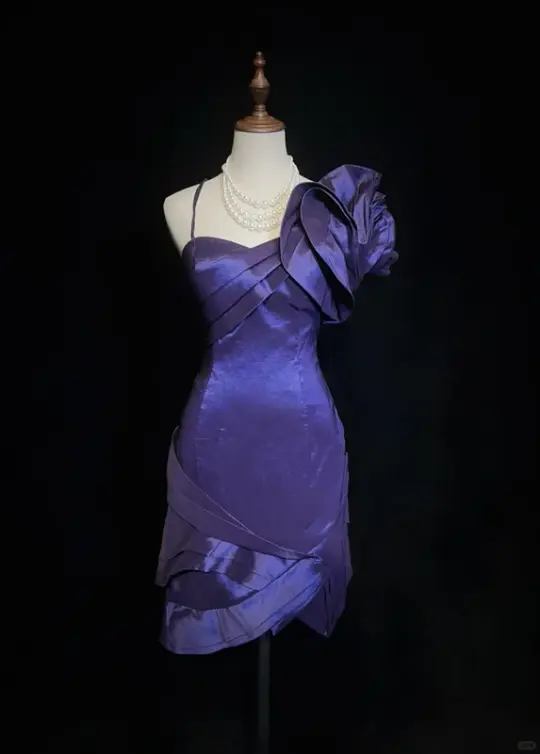 Dark purple suspender asymmetrical three-dimensional flower satin waist slim skirt homecoming dress R4976