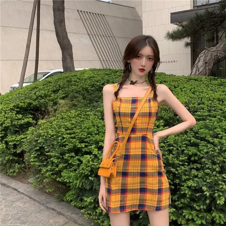 Yellow retro checkered suspenders waist slim short skirt homecoming dress R3225