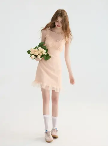 French Vacation Pink Cami Dress Ruffle Trim Mini Dress Summer Slim Party Dress R9465