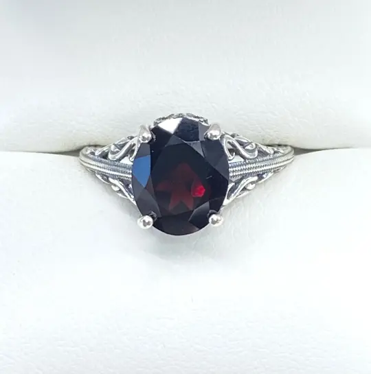 Natural Garnet Ring, Size 7, Swan Filigree, Art Deco Jewelry #D190 - Ready to Ship