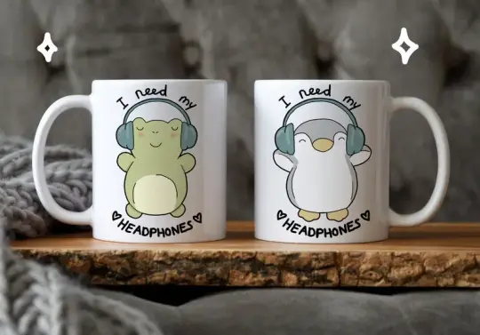Headphone lover frog and penguin mug
