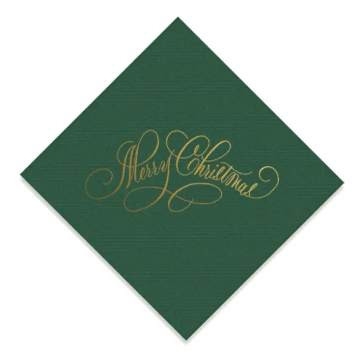 Gold on Green Script Merry Christmas Foil Cocktail Napkins, set of 20