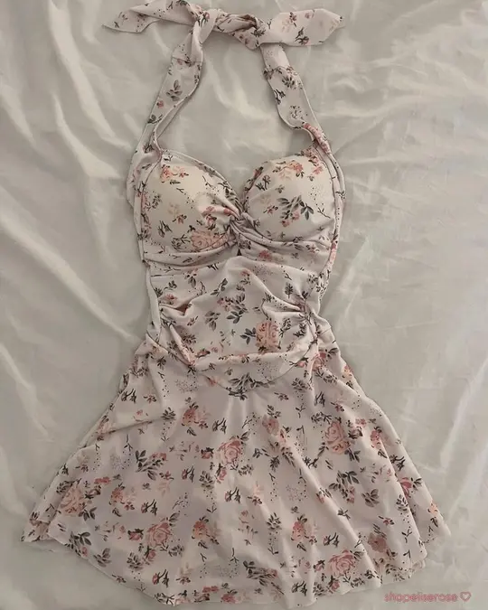 Pink floral halter neck slim waist short skirt homecoming dress R2674