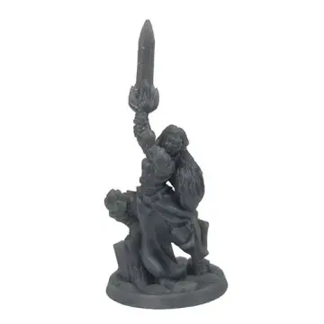 Unpainted 32mm 3D-printed female fighter lunging low with a longsword raised and her cloak spread across the rocks — tabletop RPG miniature for D&D, Pathfinder & wargaming