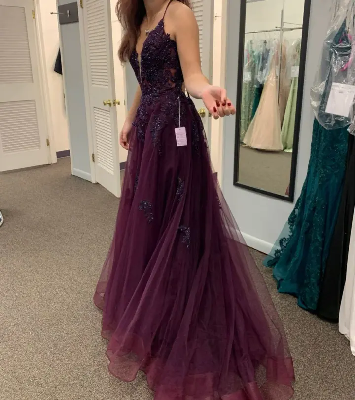 Stunning Tulle Applique Glitter Prom Gown Deep Purple Women's Maxi Birthday Dress Evening Dress RS2988