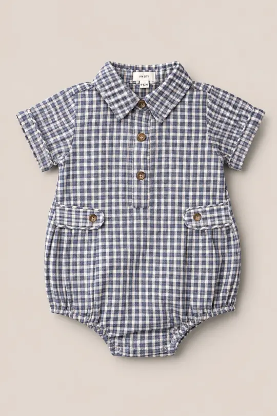 Baby Lucas Romper in Prussian Blue Plaid
