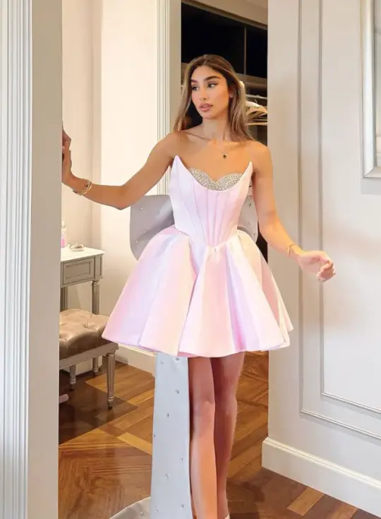 Sweet Pink A-Line Sweetheart Large Bow Back Accessory Bodycon Mini Prom Dress Homecoming Dress RS395