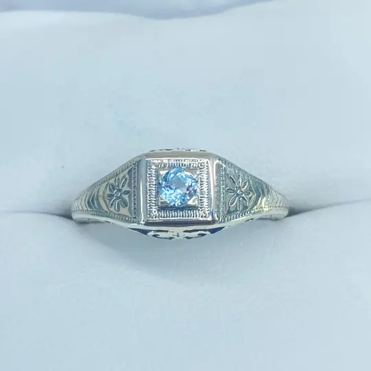Art Deco Wedding Ring, Size 5, Natural Aquamarine #D155 - Ready to Ship