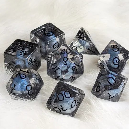 Inky Cap Mushroom Dice Set – 8-Piece Black Glitter DnD Dice with Paw D6 | Fennek & Finch