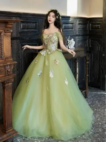 Elegant Bud Green A-Line Bateau Applique Corset Maxi Evening Dress Birthday Dress RS352