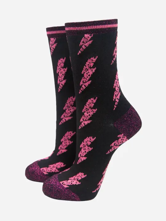 Lightning Bolt Women's Bamboo Socks - Black/Pink