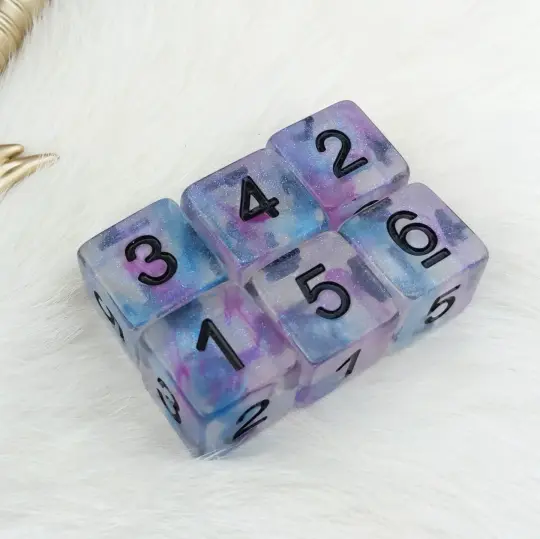 Ceremonial Chrome D6 Set – 6-Piece Clear Micro Shimmer Blue Purple Ink Black Font